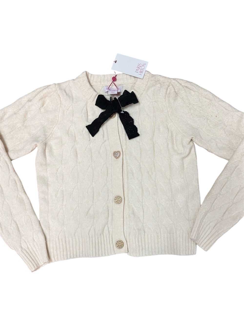 PARIS HILTON IVORY CABLE KNOT CARDIGAN BLACK BOW DETAIL HEART SHAPED BUTTONS XS